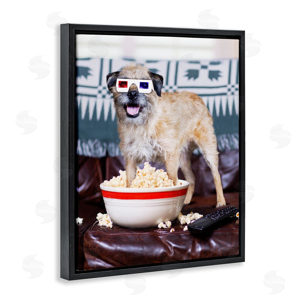 Michael Quackenbush Dog 3-D Movie Night Couch Snacking Popcorn  Black Floating Frame Canvas Wall Art Print