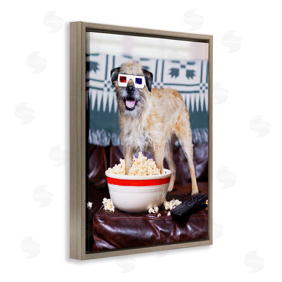 Michael Quackenbush Dog 3-D Movie Night Couch Snacking Popcorn  Brown Floating Frame Canvas Wall Art Print
