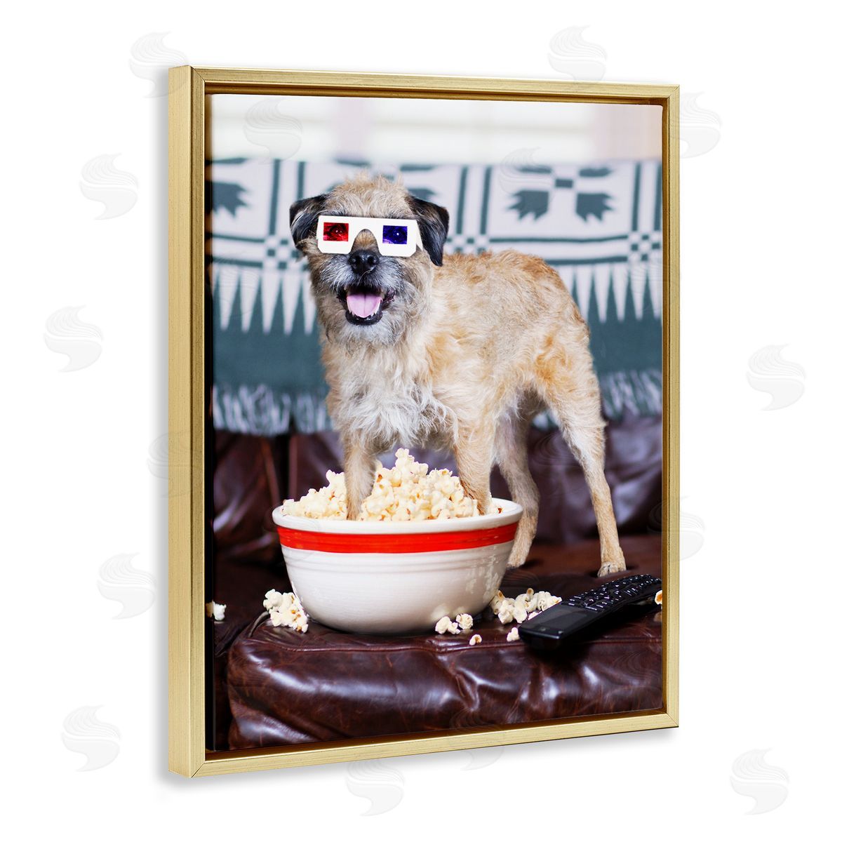 Michael Quackenbush Dog 3-D Movie Night Couch Snacking Popcorn  Gold Floating Frame Canvas Wall Art Print