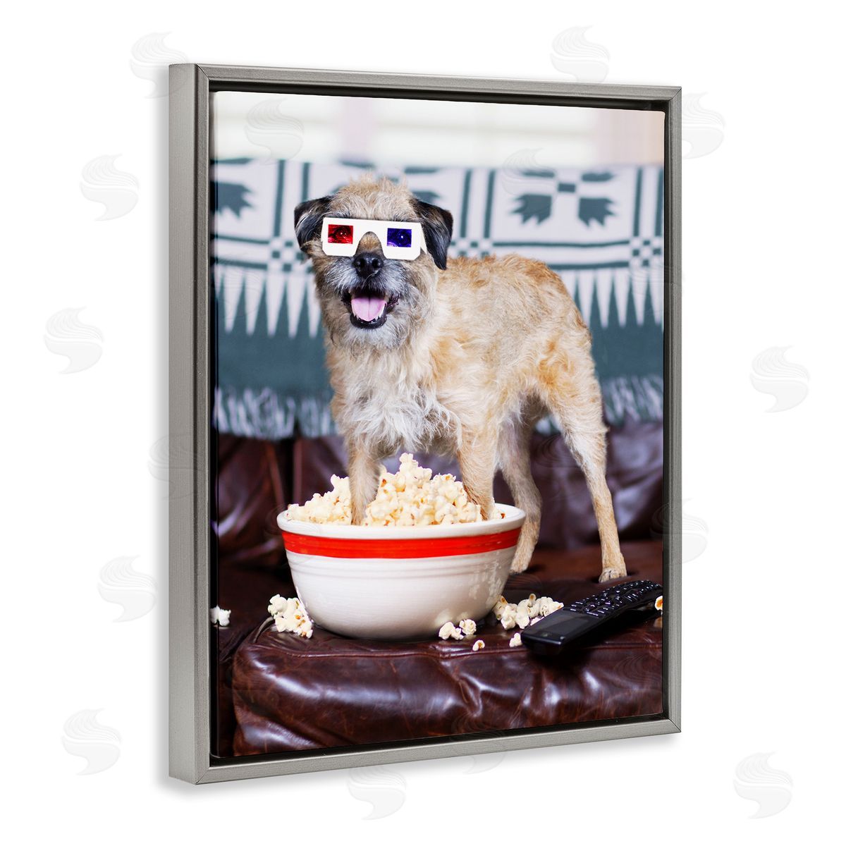 Michael Quackenbush Dog 3-D Movie Night Couch Snacking Popcorn  Gray Floating Frame Canvas Wall Art Print