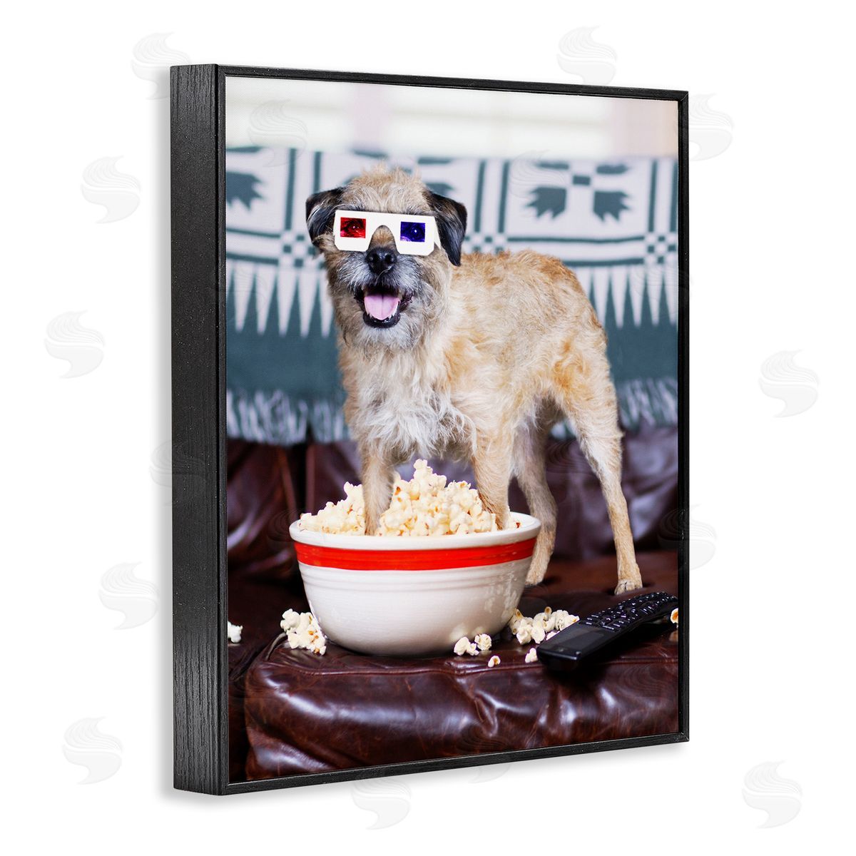Michael Quackenbush Dog 3-D Movie Night Couch Snacking Popcorn  Black Framed Giclee Wall Art Print
