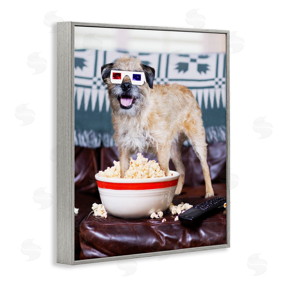 Michael Quackenbush Dog 3-D Movie Night Couch Snacking Popcorn  Gray Framed Giclee Wall Art Print