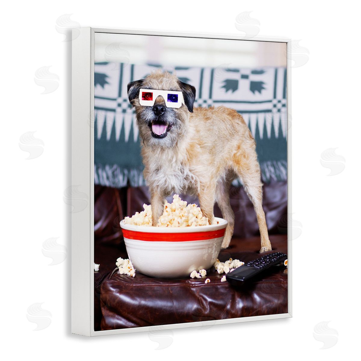 Michael Quackenbush Dog 3-D Movie Night Couch Snacking Popcorn  White Framed Giclee Wall Art Print