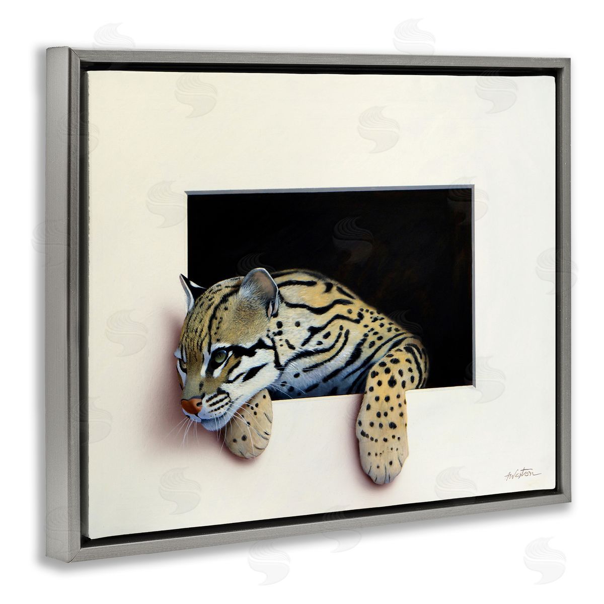 Alan Weston Wildlife Ocelot Resting Paws Cutout Illusion Gray Floating Frame Canvas Wall Art Print