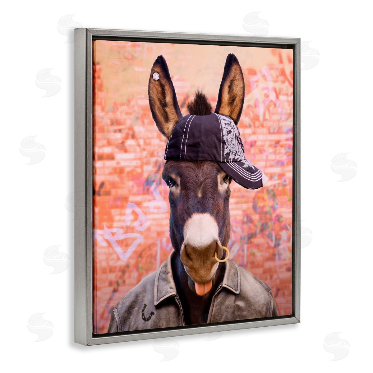 Michael Quackenbush Cool Trendy Donkey Wearing Hat Street Graffiti  Gray Floating Frame Canvas Wall Art Print