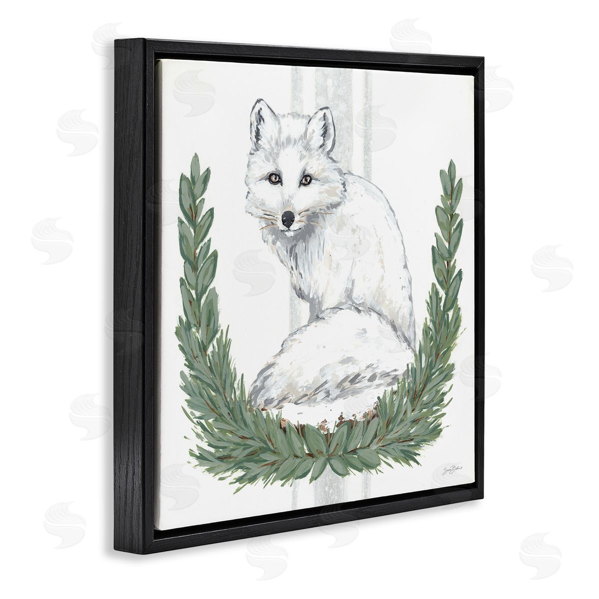 Sara Baker White Arctic Fox Stripes Botanical Laurel Border  Black Floating Frame Canvas Wall Art Print