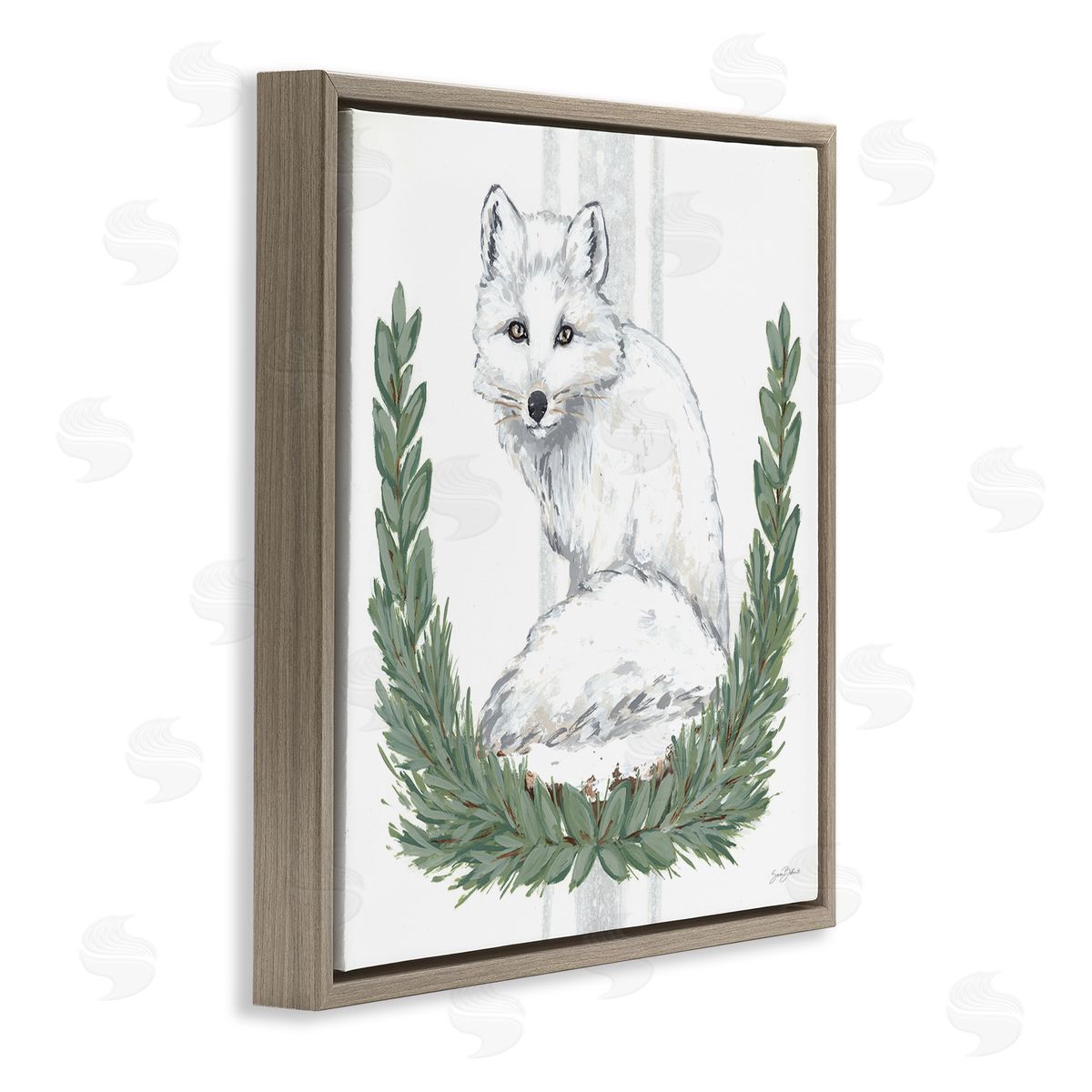 Sara Baker White Arctic Fox Stripes Botanical Laurel Border  Brown Floating Frame Canvas Wall Art Print