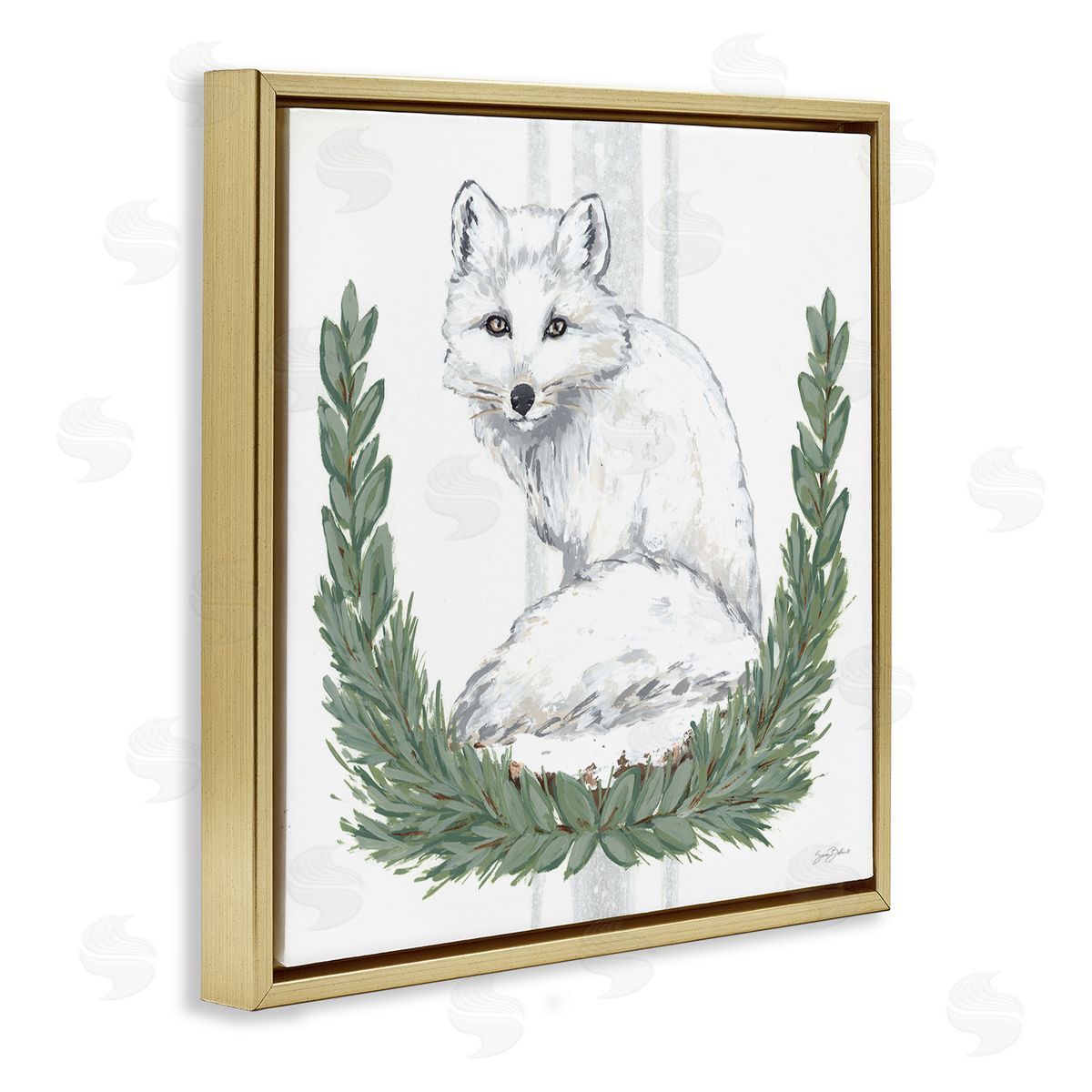 Sara Baker White Arctic Fox Stripes Botanical Laurel Border  Gold Floating Frame Canvas Wall Art Print