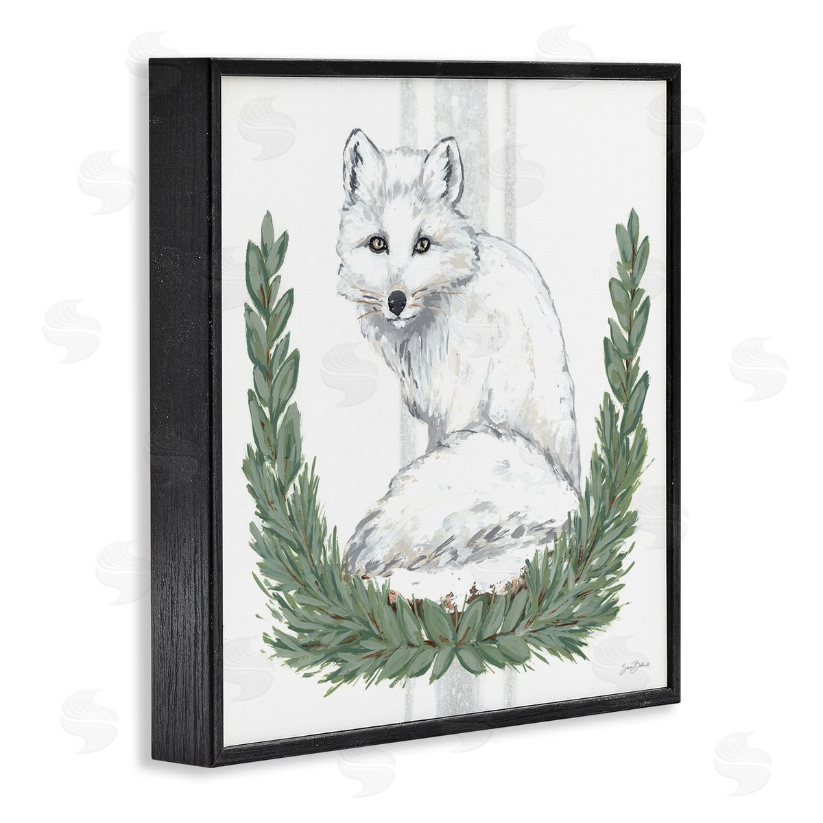 Sara Baker White Arctic Fox Stripes Botanical Laurel Border  Black Framed Glicee Wall Art Print