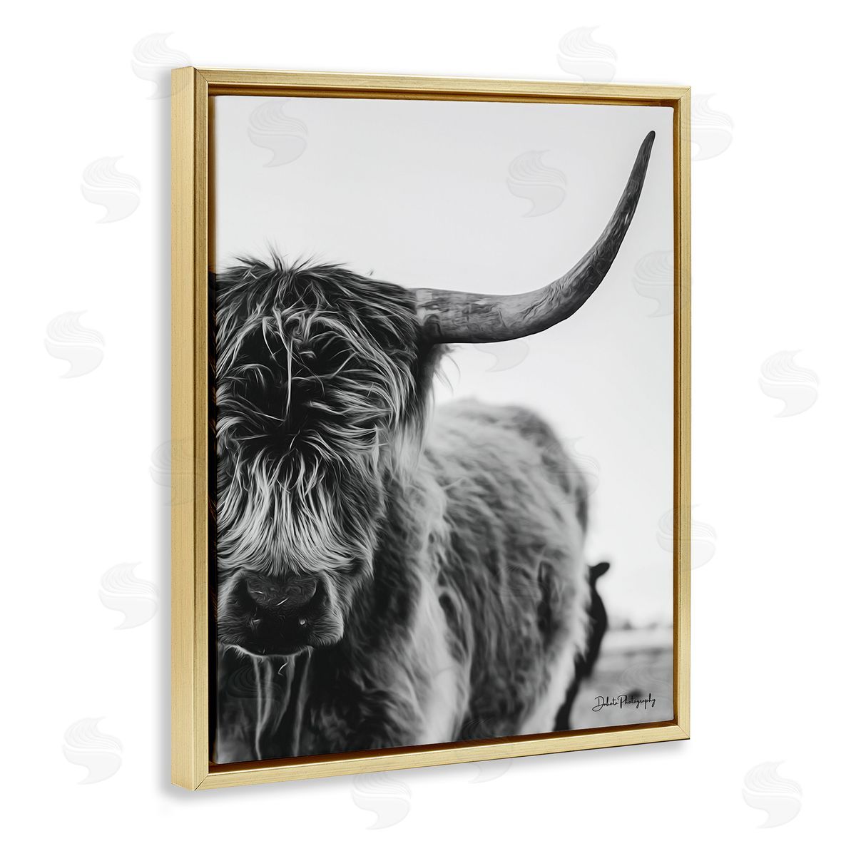 Dakota Diener Highland Cow Cattle Horn Close Up Serene Photography  Gold Floating Frame Canvas Wall Art Print