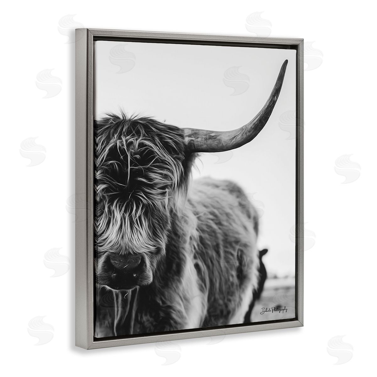 Dakota Diener Highland Cow Cattle Horn Close Up Serene Photography  Gray Floating Frame Canvas Wall Art Print