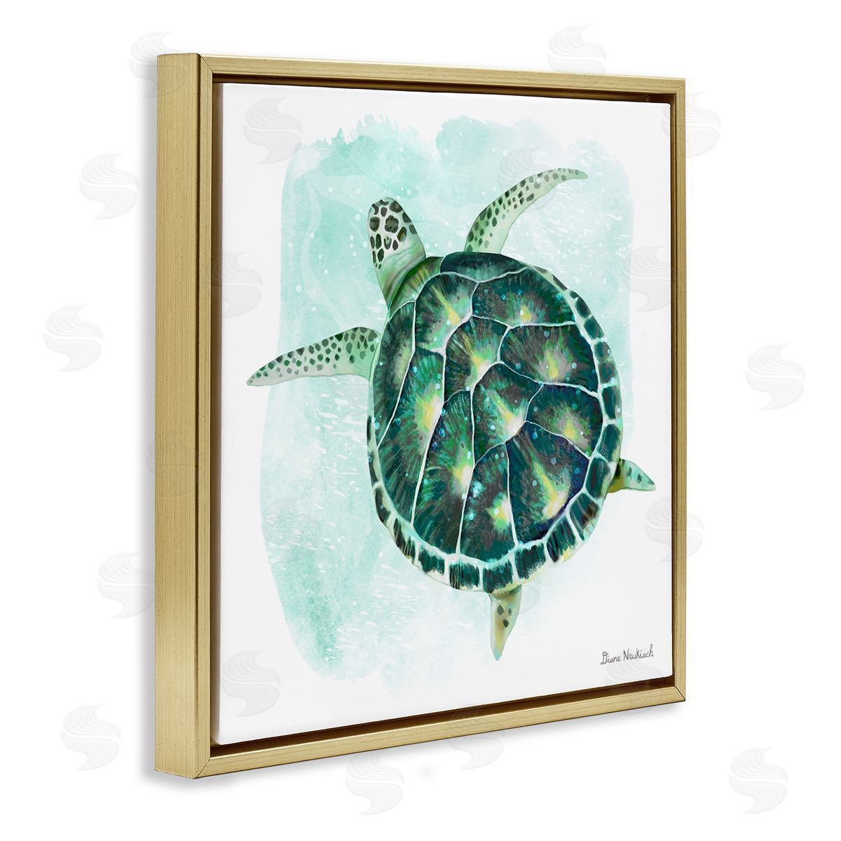 Diane Neukirch Green Speckled Sea Turtle Swimming Ocean Water Gold Floating Frame Canvas Wall Art Print