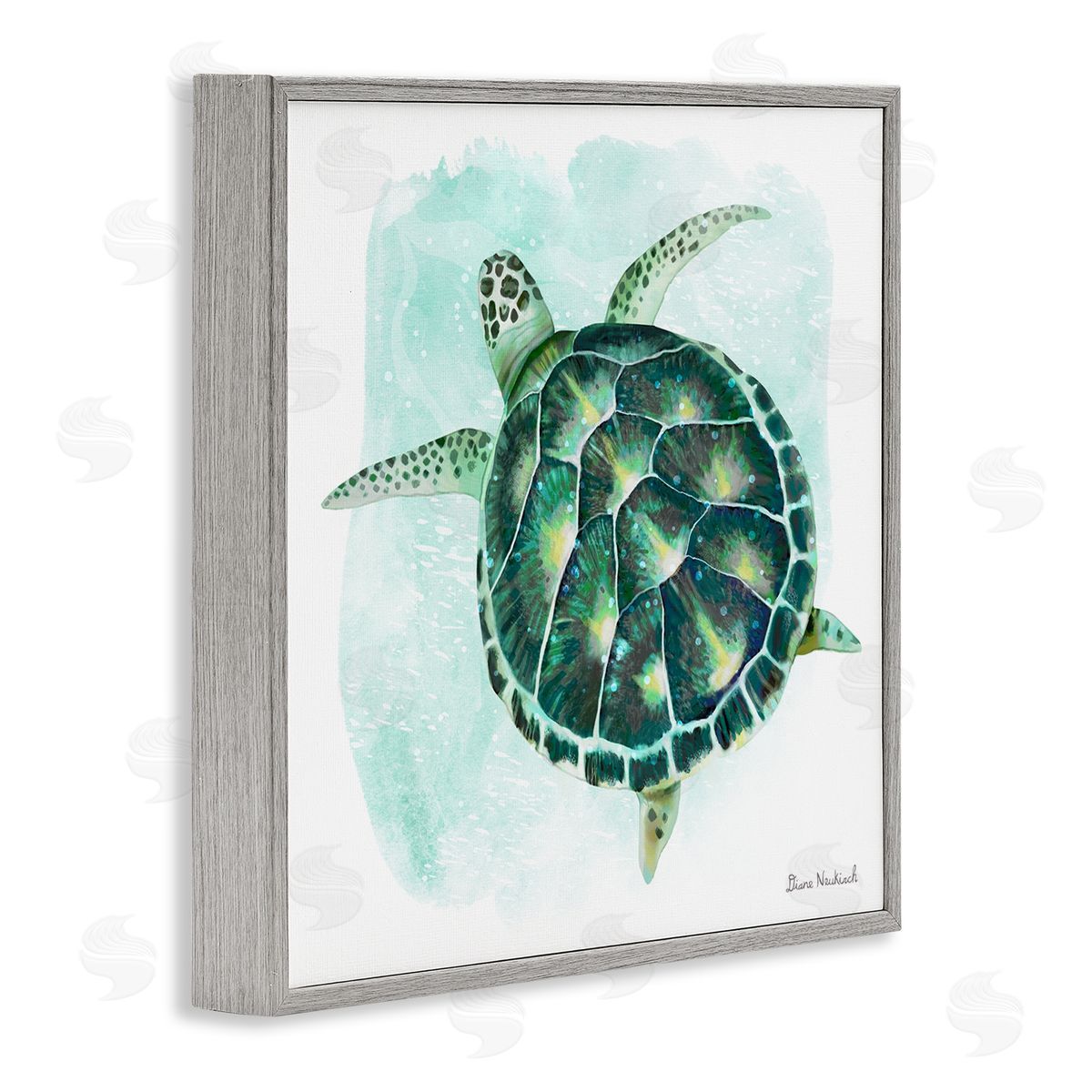Diane Neukirch Green Speckled Sea Turtle Swimming Ocean Water Gray Framed Glicee Wall Art Print