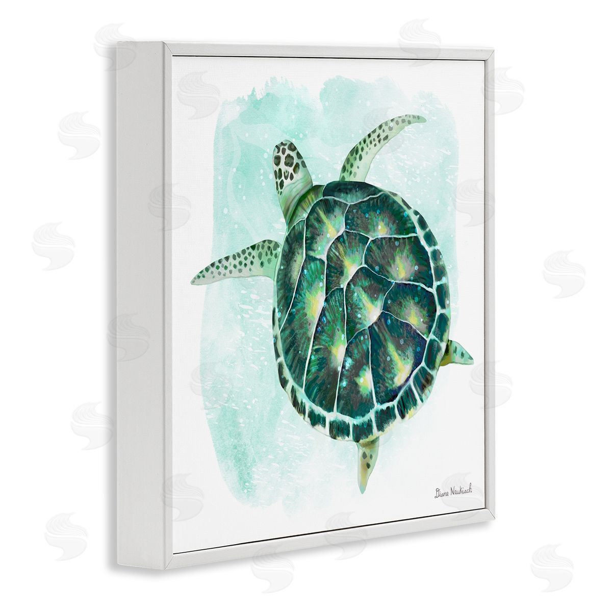 Diane Neukirch Green Speckled Sea Turtle Swimming Ocean Water White Framed Glicee Wall Art Print