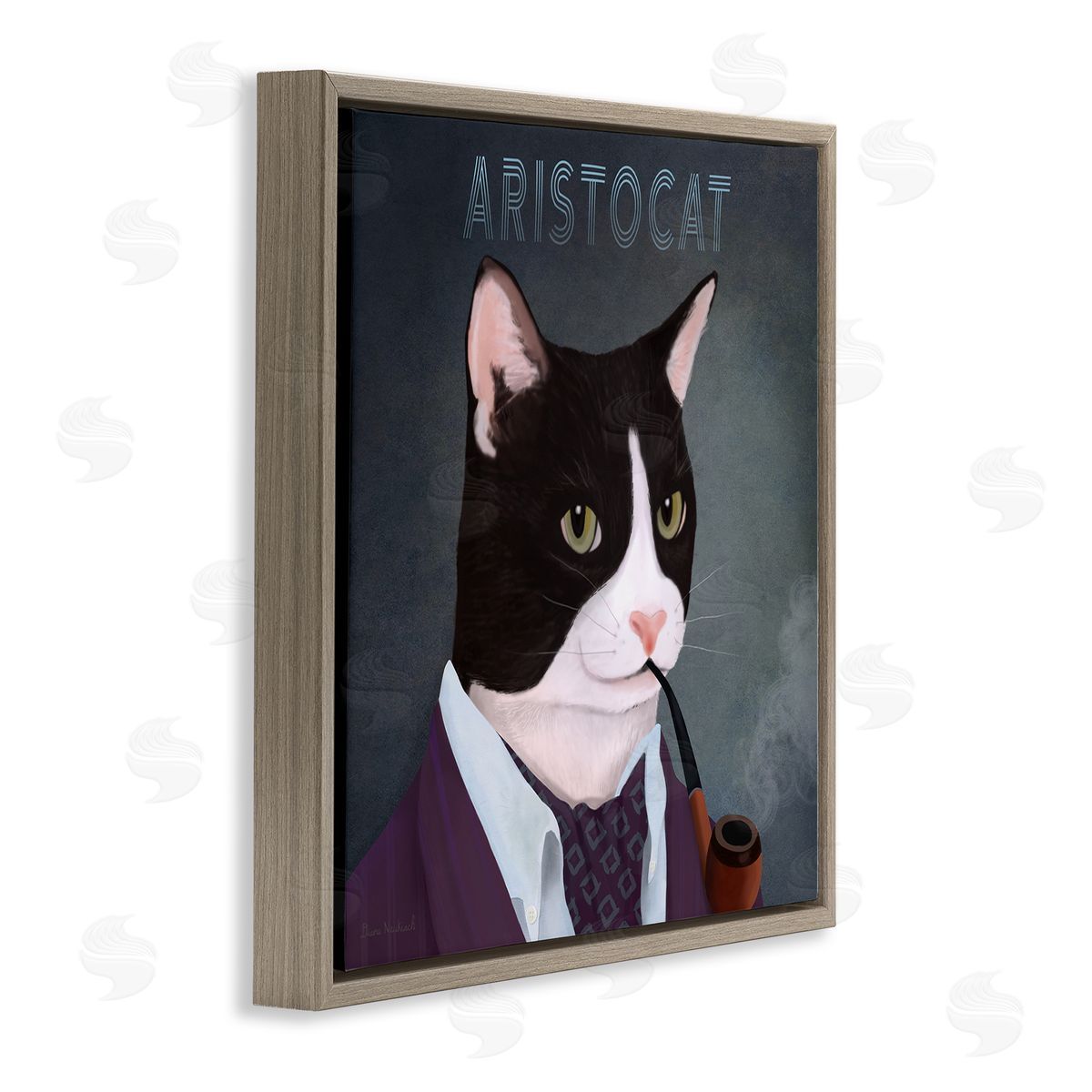 Diane Neukirch Aristocat Witty Smiling Cat Portrait Smoking Pipe  Brown Floating Frame Canvas Wall Art Print
