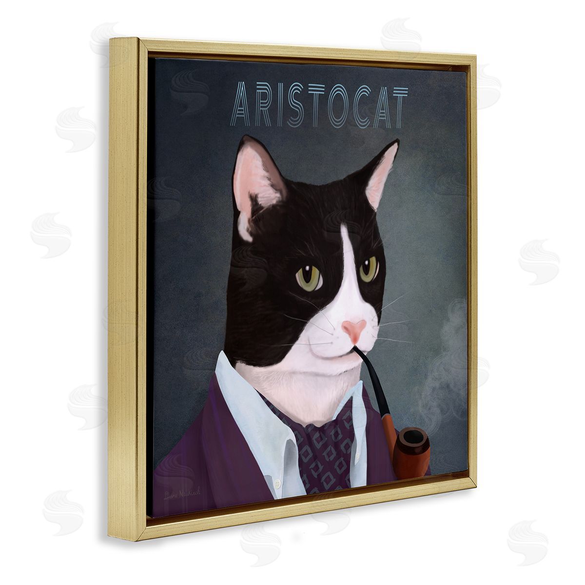 Diane Neukirch Aristocat Witty Smiling Cat Portrait Smoking Pipe  Gold Floating Frame Canvas Wall Art Print