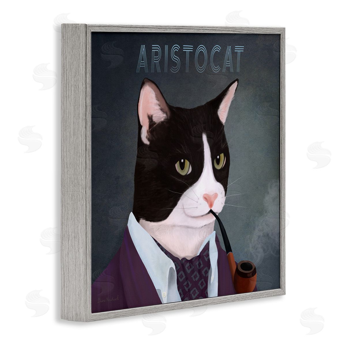 Diane Neukirch Aristocat Witty Smiling Cat Portrait Smoking Pipe  Gray Framed Glicee Wall Art Print