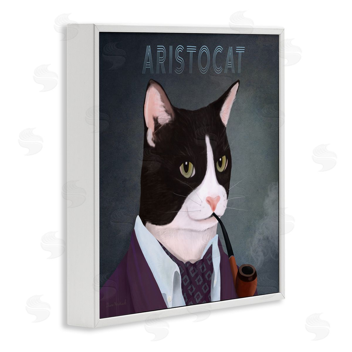 Diane Neukirch Aristocat Witty Smiling Cat Portrait Smoking Pipe  White Framed Glicee Wall Art Print