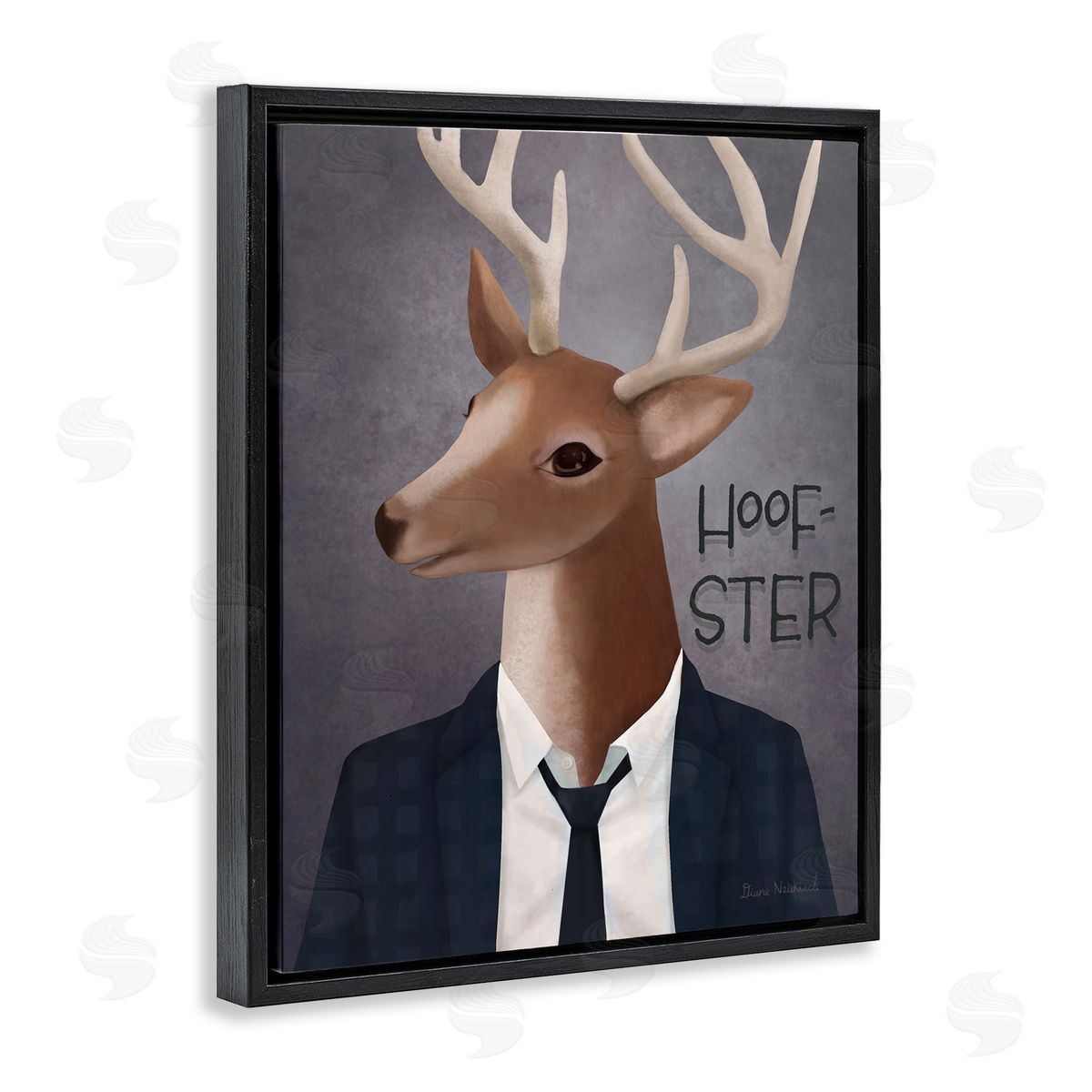 Diane Neukirch Hoof-Ster Witty Deer Stag Wearing Suit Necktie  Black Floating Frame Canvas Wall Art Print