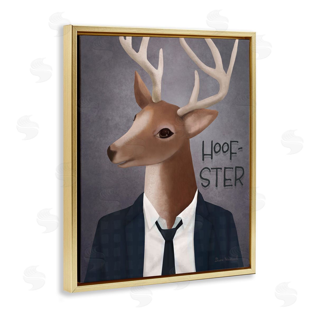 Diane Neukirch Hoof-Ster Witty Deer Stag Wearing Suit Necktie  Gold Floating Frame Canvas Wall Art Print