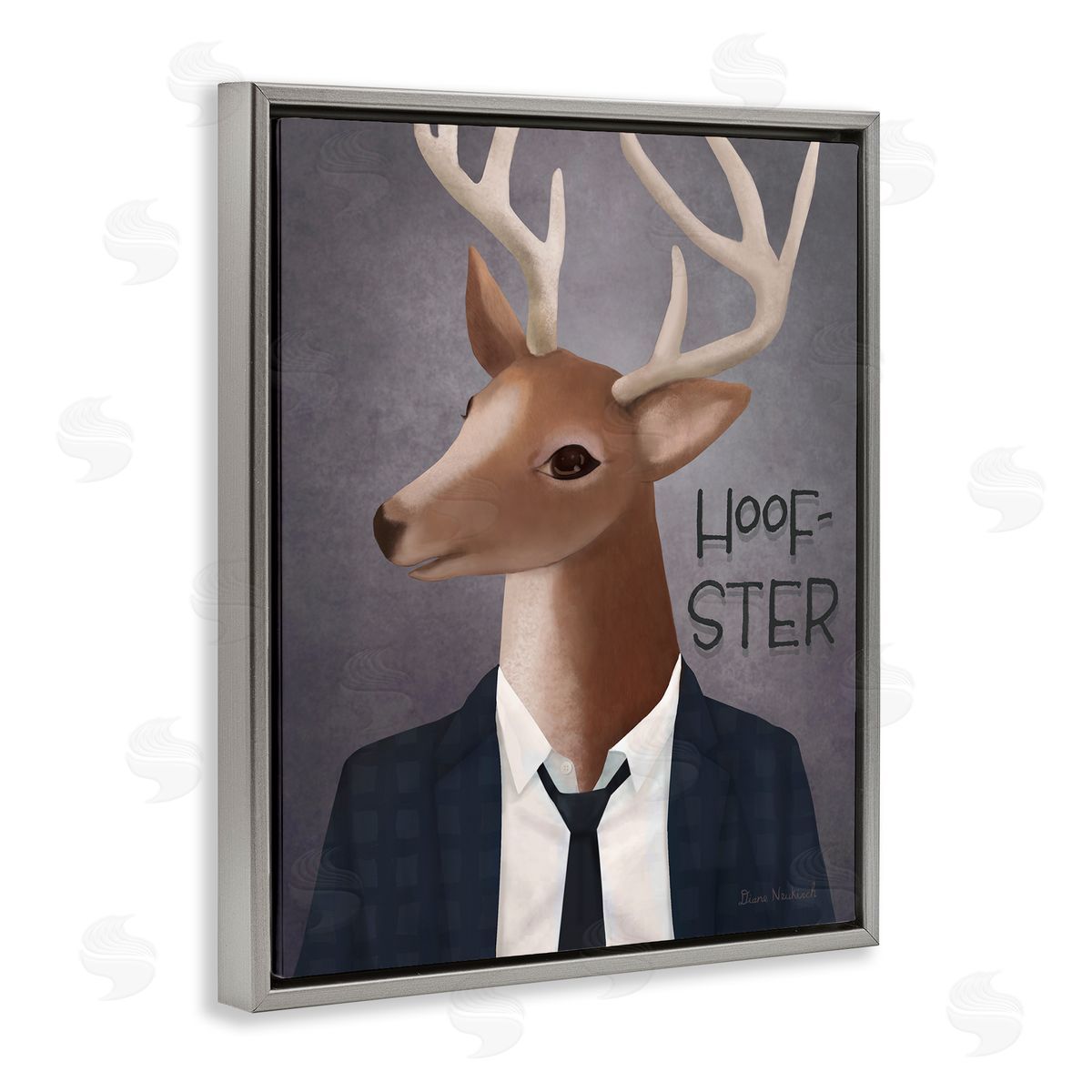 Diane Neukirch Hoof-Ster Witty Deer Stag Wearing Suit Necktie  Gray Floating Frame Canvas Wall Art Print