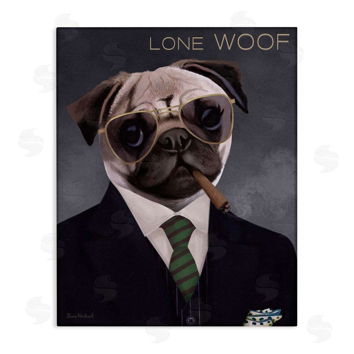 Diane Neukirch Lone Woof Pug Dog Smoking Cigar Necktie  Stretched Canvas Wall Art Print