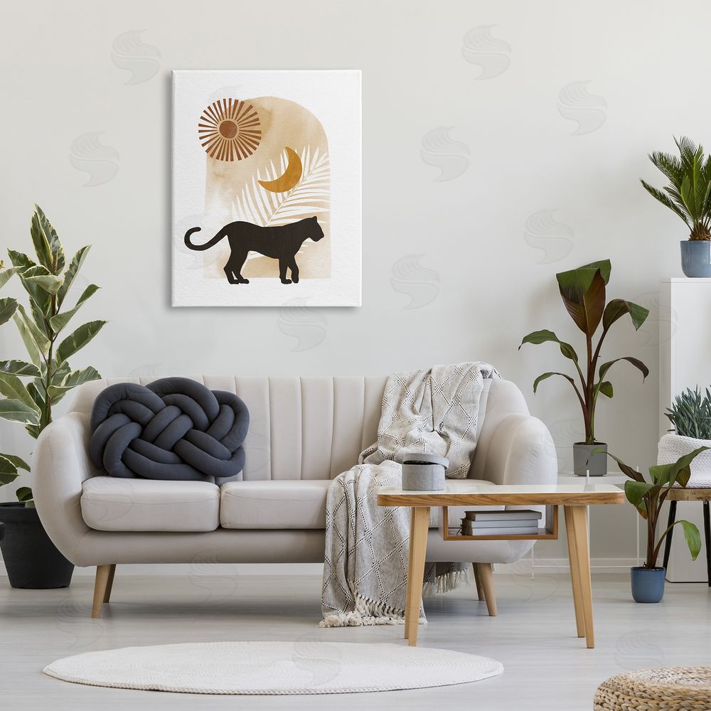 Ziwei Li Boho Panther Silhouette Lunar Solar Botanical Leaf Canvas Wall Art Print in Room