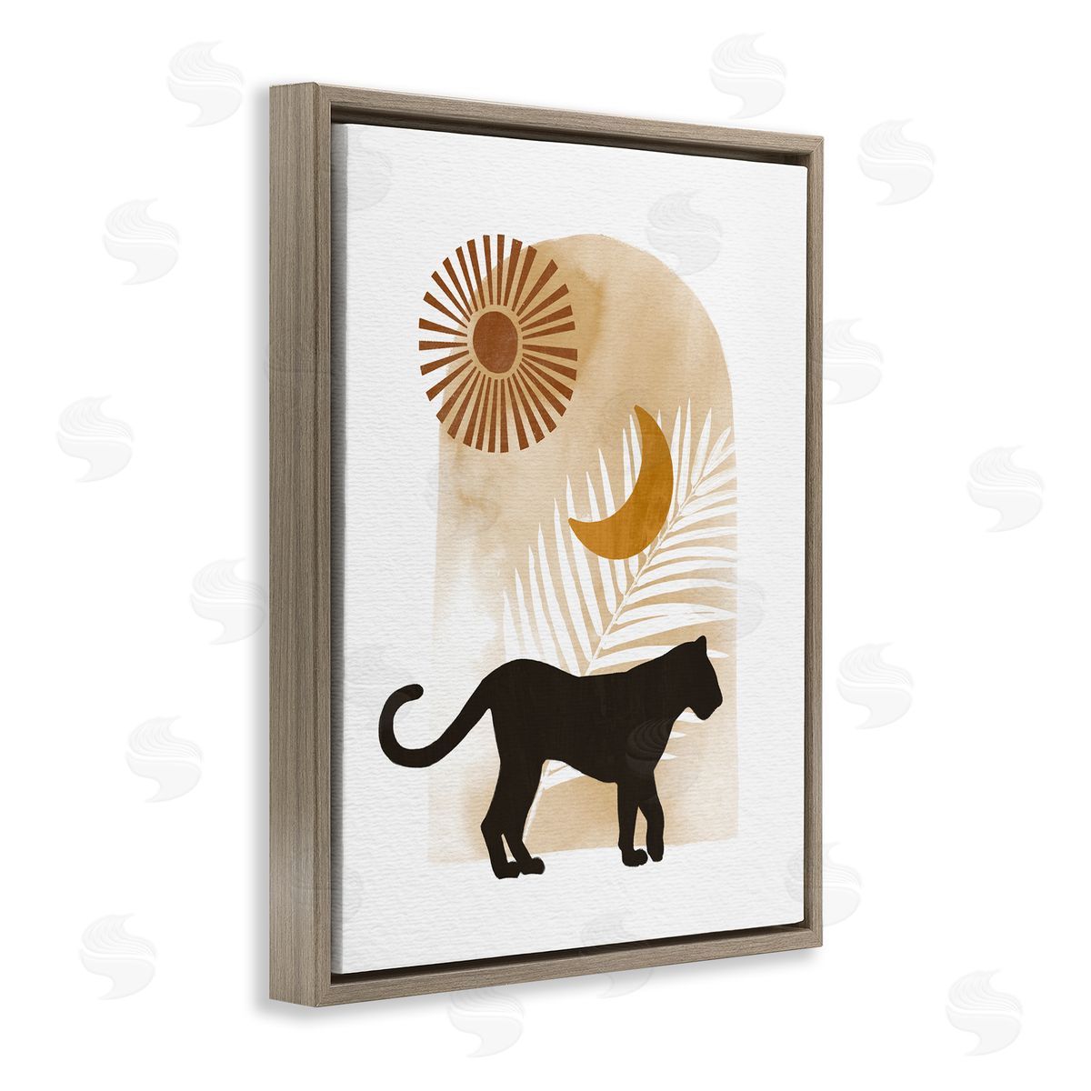 Ziwei Li Boho Panther Silhouette Lunar Solar Botanical Leaf Brown Floating Frame Canvas Wall Art Print
