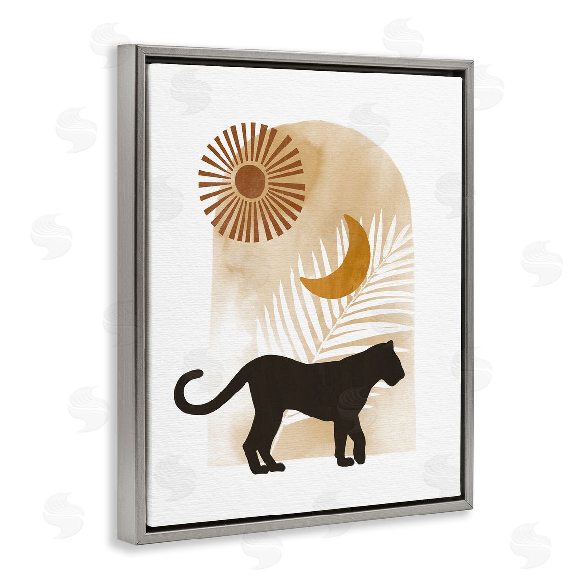 Ziwei Li Boho Panther Silhouette Lunar Solar Botanical Leaf Gray Floating Frame Canvas Wall Art Print