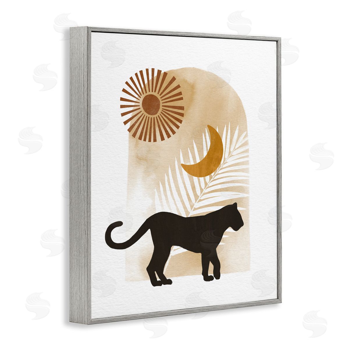 Ziwei Li Boho Panther Silhouette Lunar Solar Botanical Leaf Gray Framed Giclee Wall Art Print