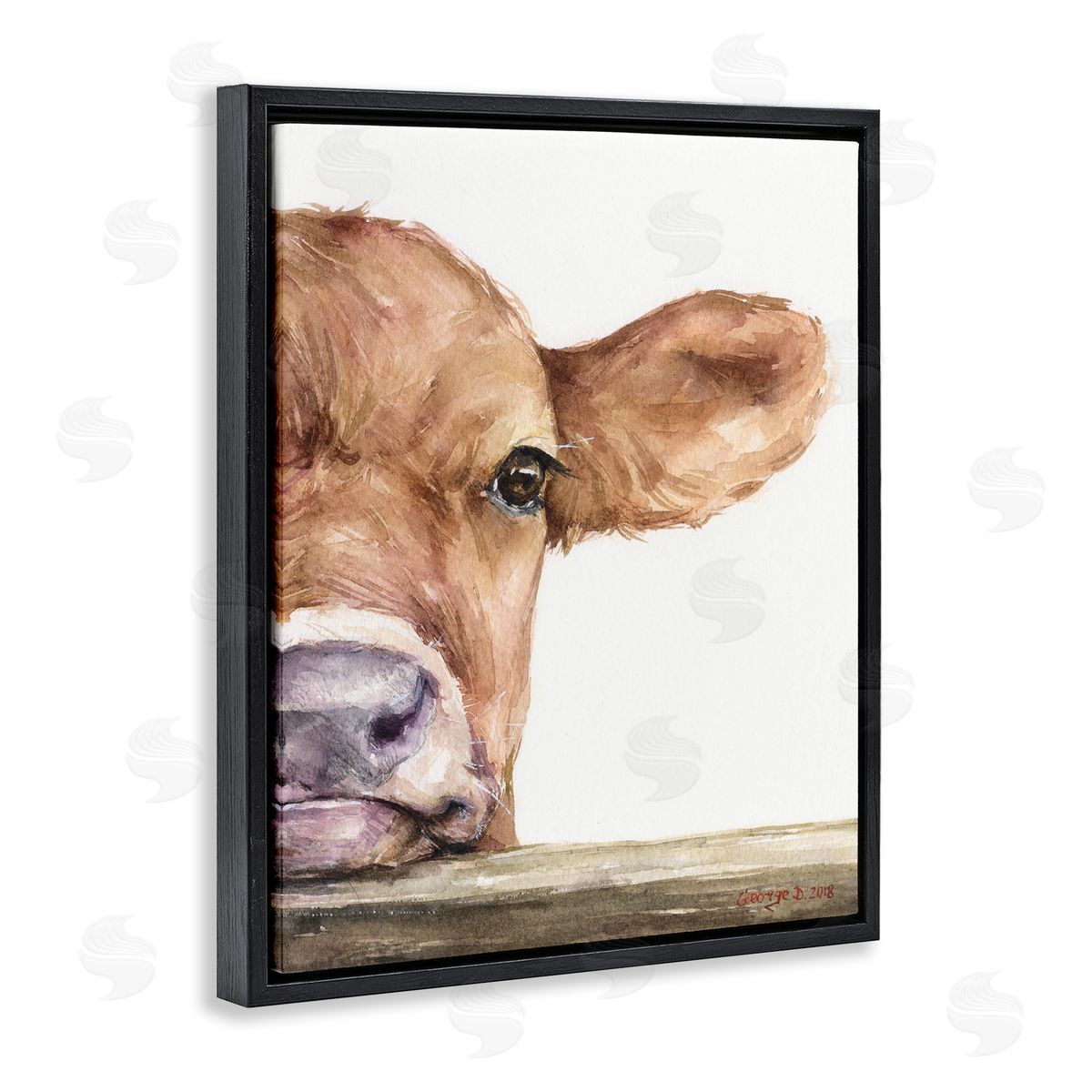 George Dyachenko Baby Calf Cow Resting Head Up-Close Rural  Black Floating Frame Canvas Wall Art Print