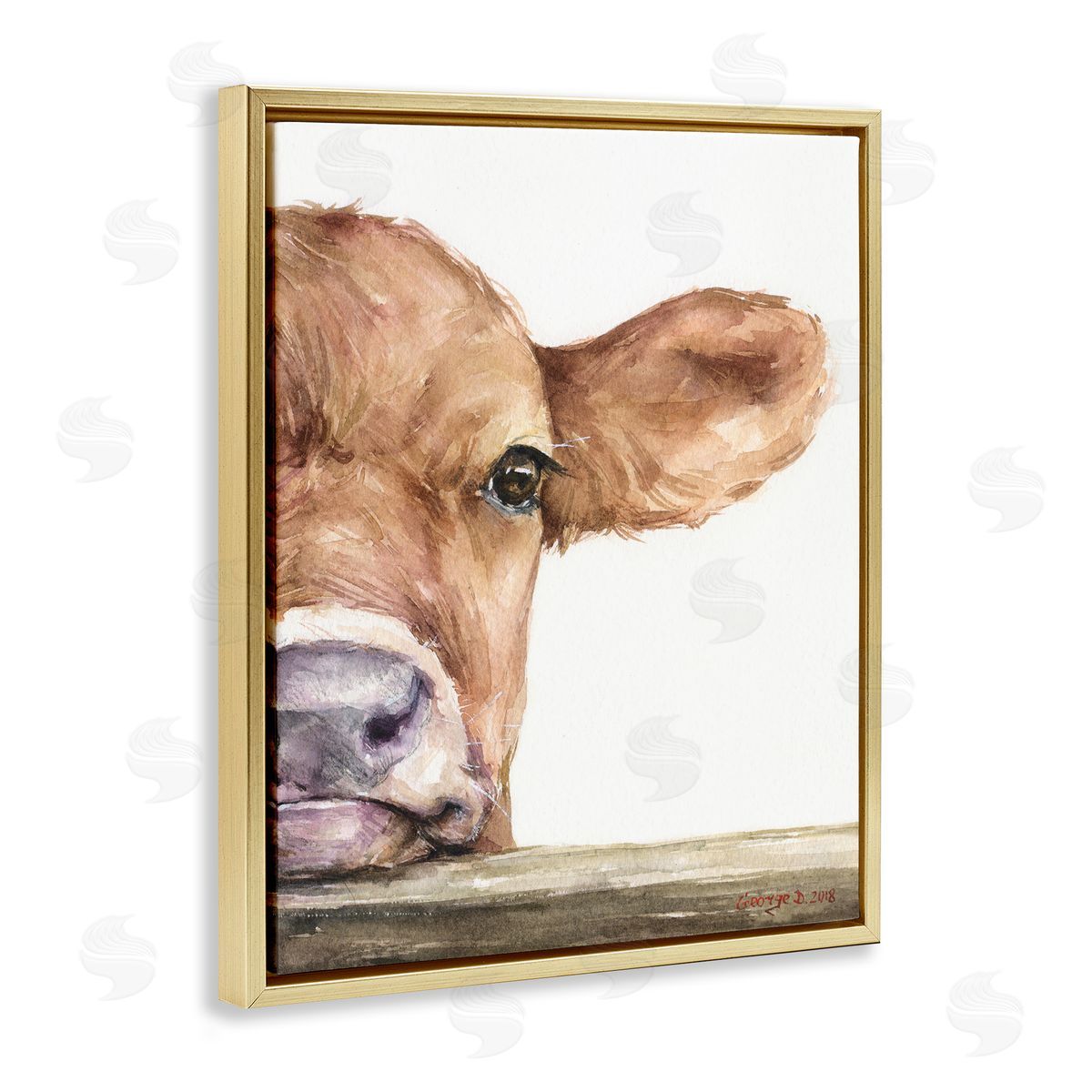 George Dyachenko Baby Calf Cow Resting Head Up-Close Rural  Gold Floating Frame Canvas Wall Art Print