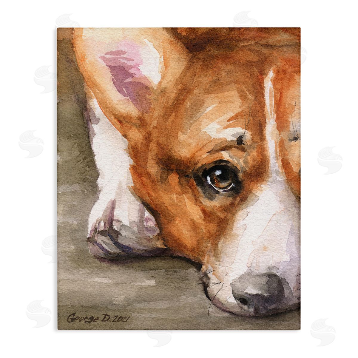 George Dyachenko Pleasant Corgi Puppy Dog Gazing Lying Down Stretched Canvas Wall Art Print