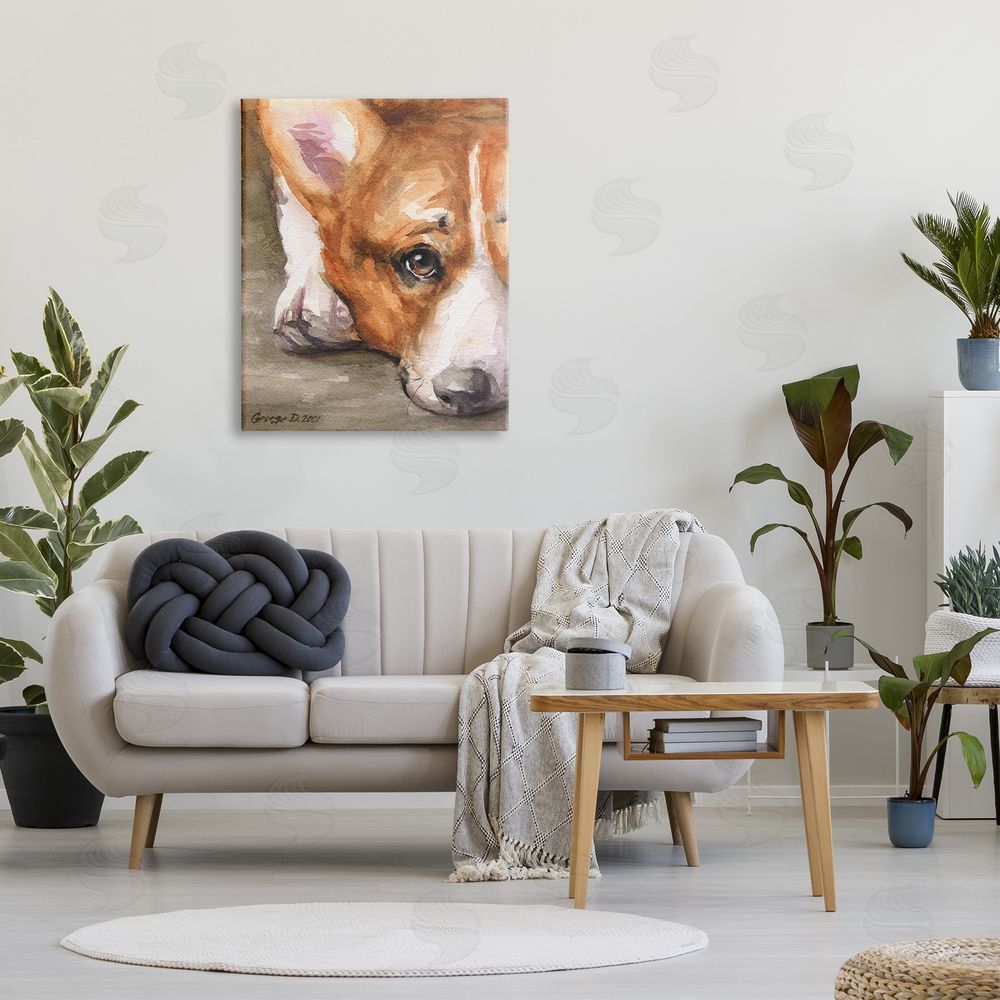 George Dyachenko Pleasant Corgi Puppy Dog Gazing Lying Down Canvas Wall Art Print in Room