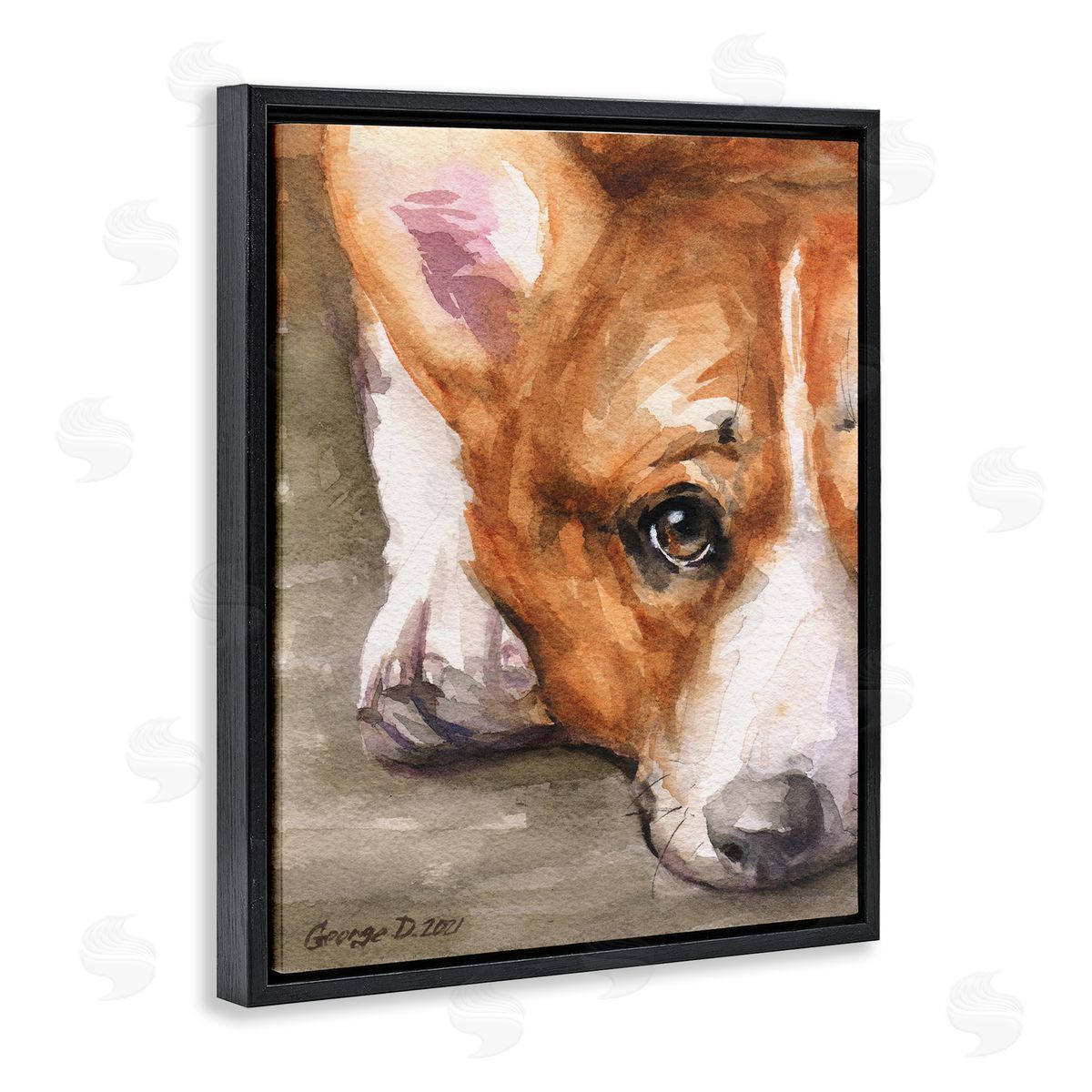 George Dyachenko Pleasant Corgi Puppy Dog Gazing Lying Down Black Floating Frame Canvas Wall Art Print