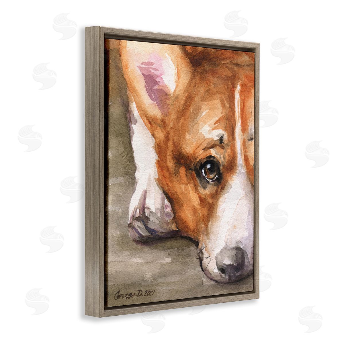 George Dyachenko Pleasant Corgi Puppy Dog Gazing Lying Down Brown Floating Frame Canvas Wall Art Print