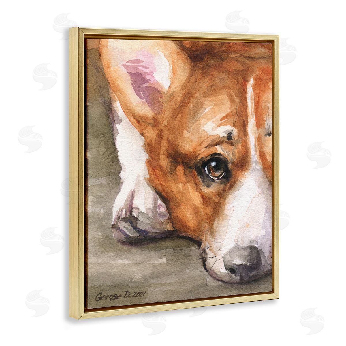 George Dyachenko Pleasant Corgi Puppy Dog Gazing Lying Down Gold Floating Frame Canvas Wall Art Print