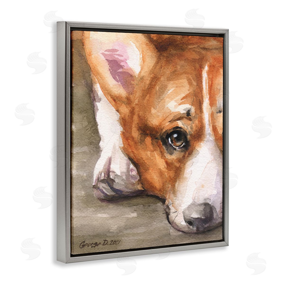 George Dyachenko Pleasant Corgi Puppy Dog Gazing Lying Down Gray Floating Frame Canvas Wall Art Print