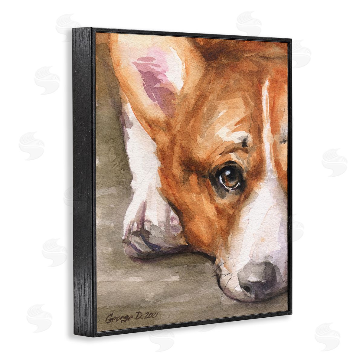 George Dyachenko Pleasant Corgi Puppy Dog Gazing Lying Down Black Framed Giclee Wall Art Print
