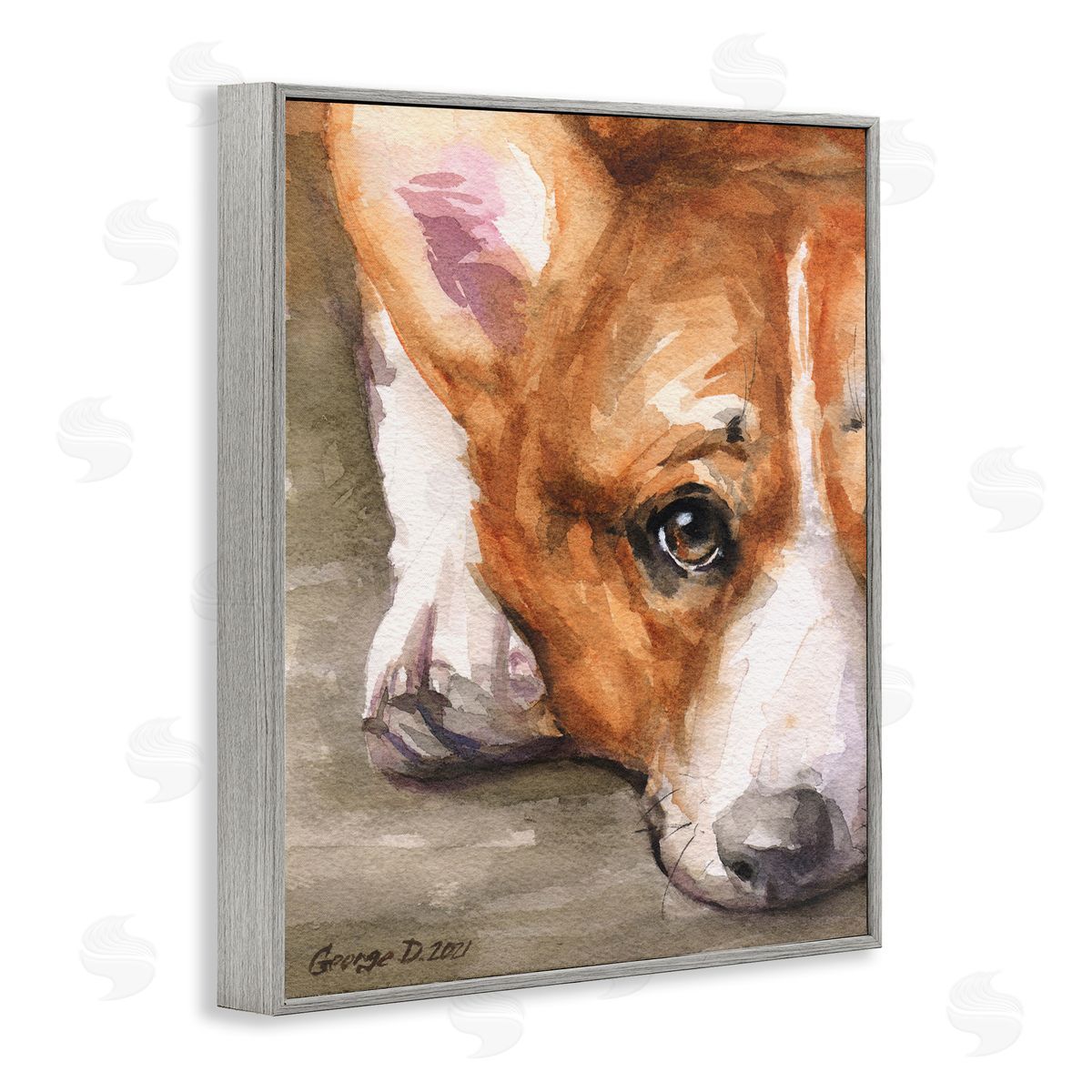 George Dyachenko Pleasant Corgi Puppy Dog Gazing Lying Down Gray Framed Giclee Wall Art Print