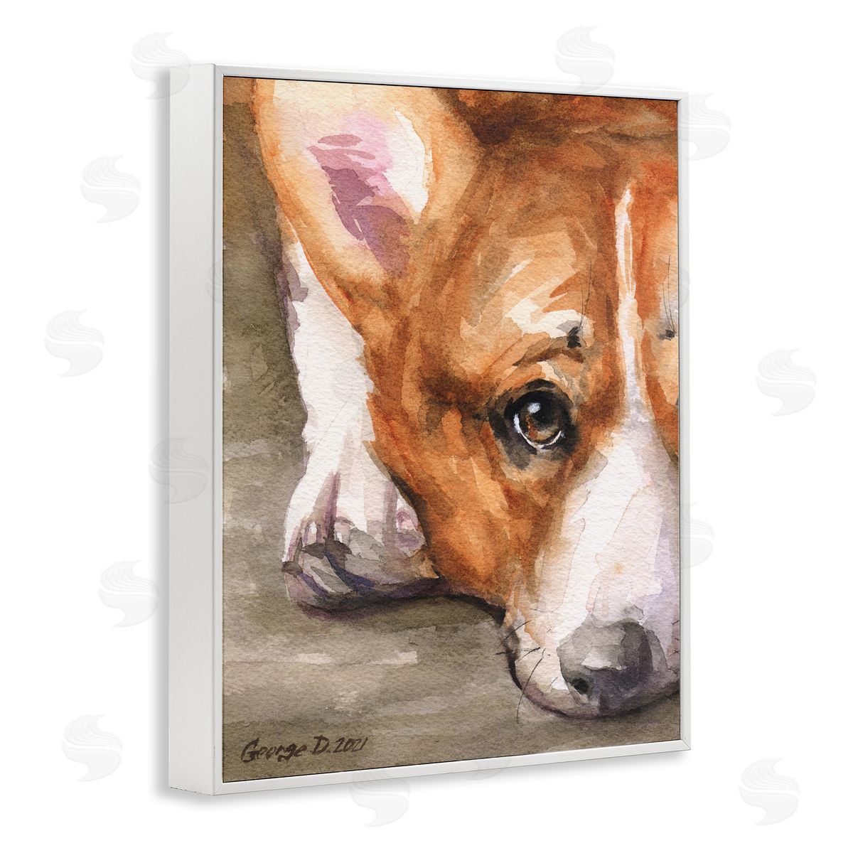 George Dyachenko Pleasant Corgi Puppy Dog Gazing Lying Down White Framed Giclee Wall Art Print
