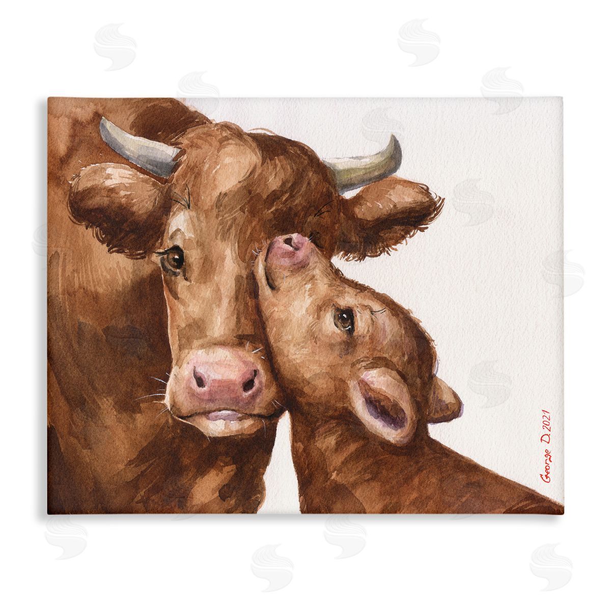 George Dyachenko Compassionate Cattle Mother & Baby Cuddle Rural Farmland  Stretched Canvas Wall Art Print