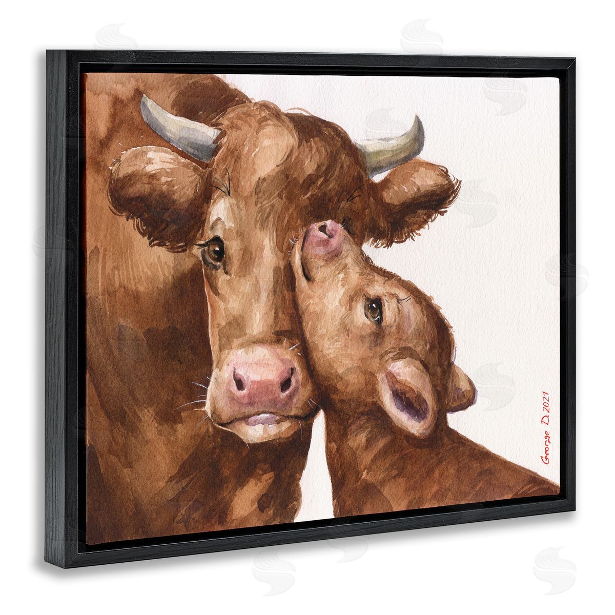 George Dyachenko Compassionate Cattle Mother & Baby Cuddle Rural Farmland  Black Floating Frame Canvas Wall Art Print