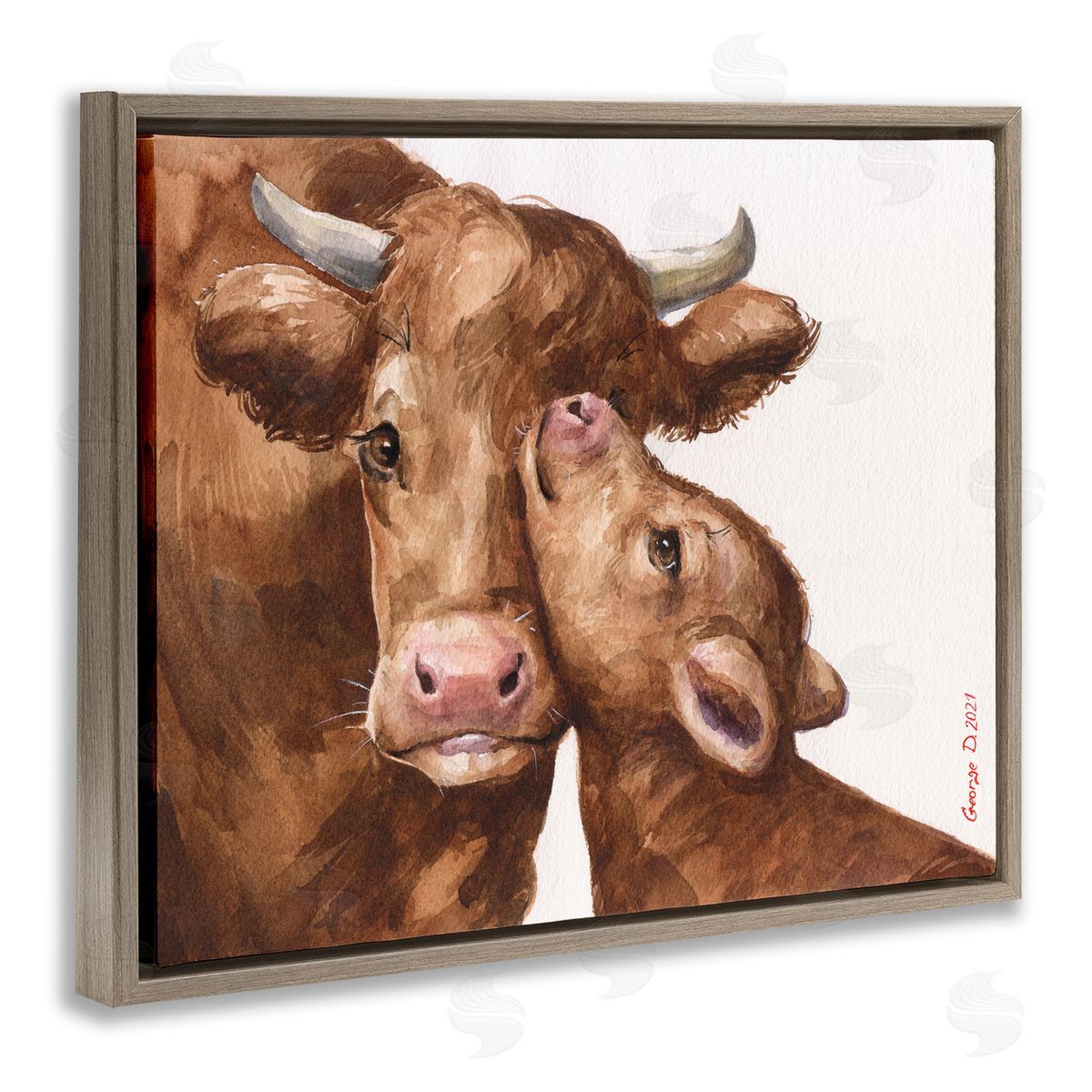 George Dyachenko Compassionate Cattle Mother & Baby Cuddle Rural Farmland  Brown Floating Frame Canvas Wall Art Print