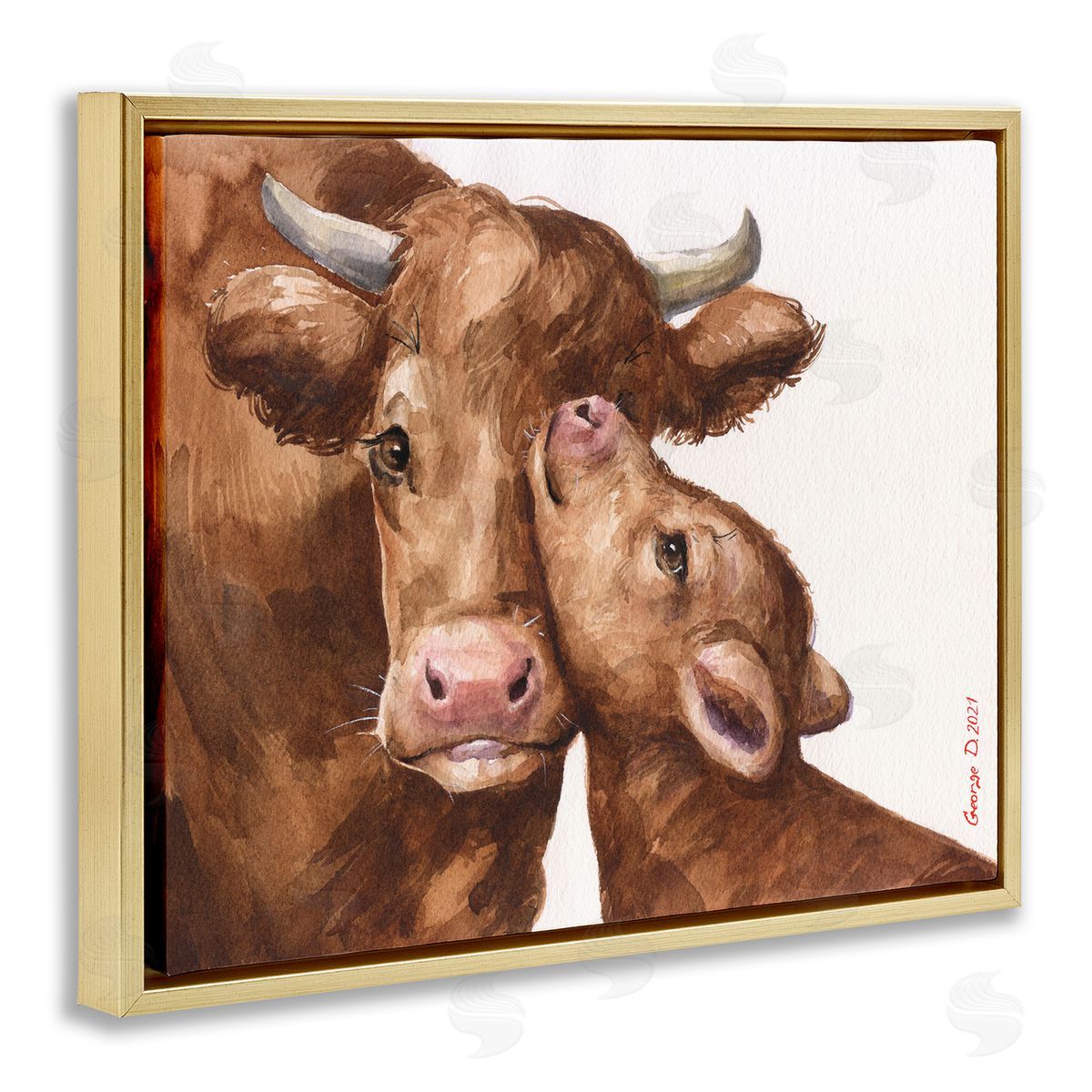 George Dyachenko Compassionate Cattle Mother & Baby Cuddle Rural Farmland  Gold Floating Frame Canvas Wall Art Print
