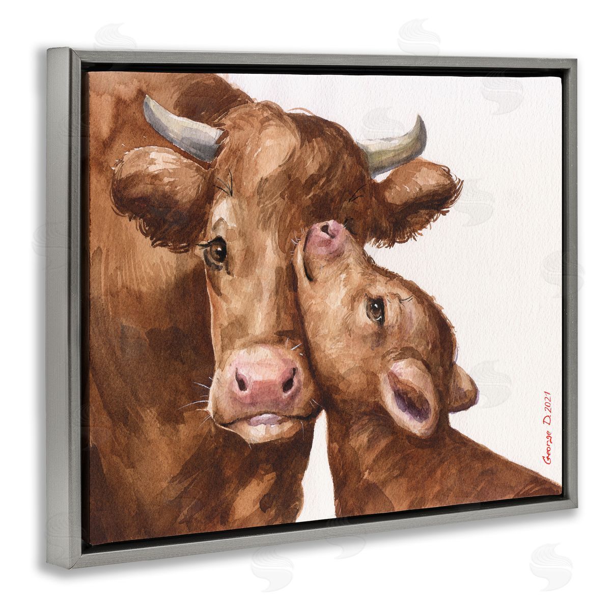 George Dyachenko Compassionate Cattle Mother & Baby Cuddle Rural Farmland  Gray Floating Frame Canvas Wall Art Print