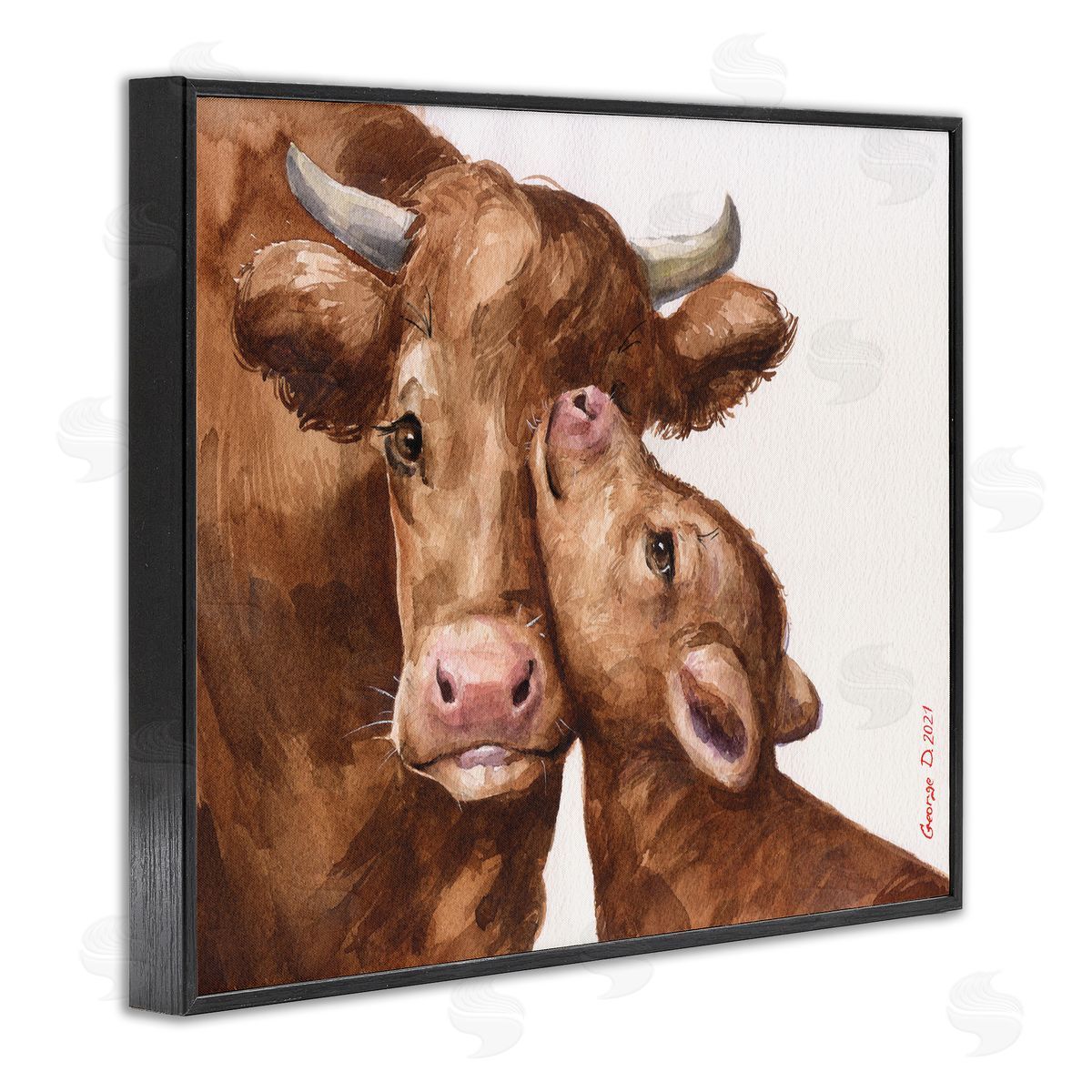 George Dyachenko Compassionate Cattle Mother & Baby Cuddle Rural Farmland  Black Framed Giclee Wall Art Print