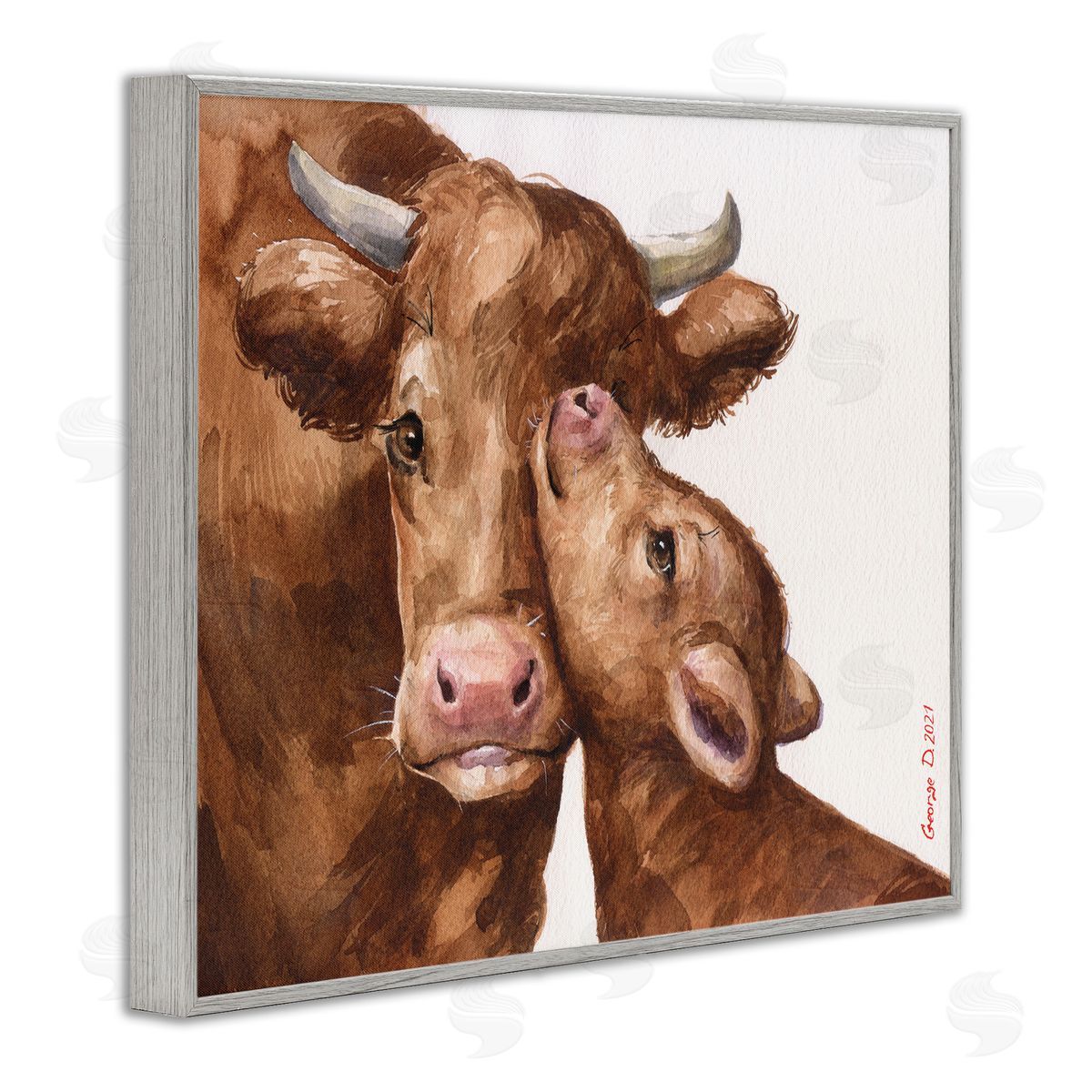 George Dyachenko Compassionate Cattle Mother & Baby Cuddle Rural Farmland  Gray Framed Giclee Wall Art Print