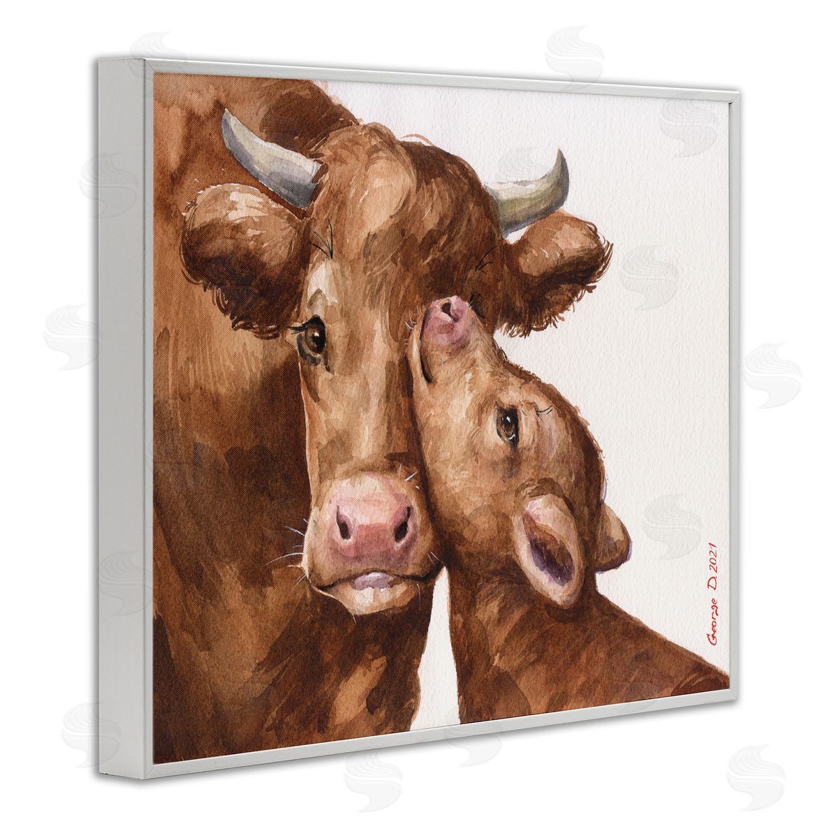 George Dyachenko Compassionate Cattle Mother & Baby Cuddle Rural Farmland  White Framed Giclee Wall Art Print