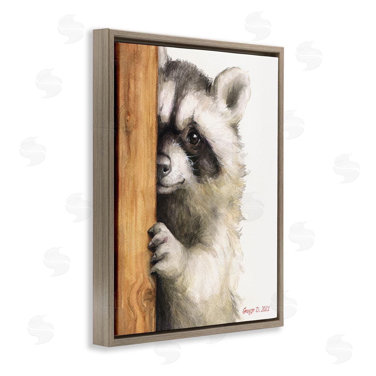 Peering Raccoon Watercolor Brown Floating Frame Canvas Wall Art, Home Decor by George Dyachenko